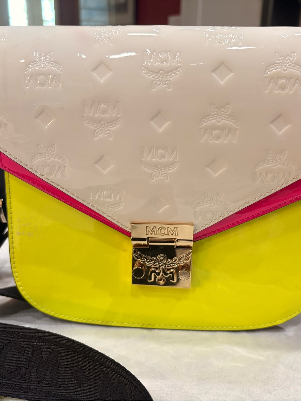 MCM Colorblock Patent Crossbody — White, Hot Pink & Neon Yellow